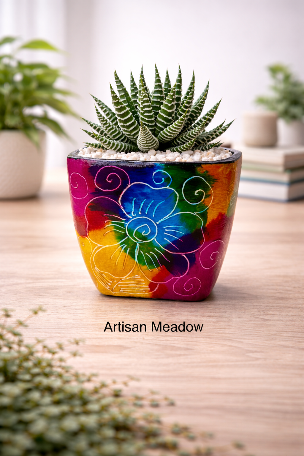 Colombian Artisan Hand-Painted Multicolor Square Clay Pot
