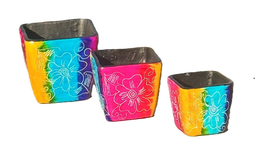 Colombian Artisan Hand -Painted Multicolor Square Clay Pot