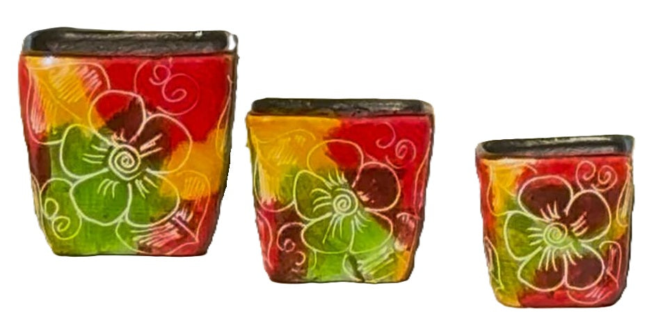Colombian Artisan Hand -Painted Multicolor Square Clay Pot